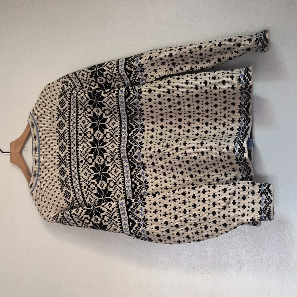 L.L. Bean Cream and Black Blue Nordic Fair Isle 100% Lambswool Cardigan Sz XL Wo - Picture 15 of 17